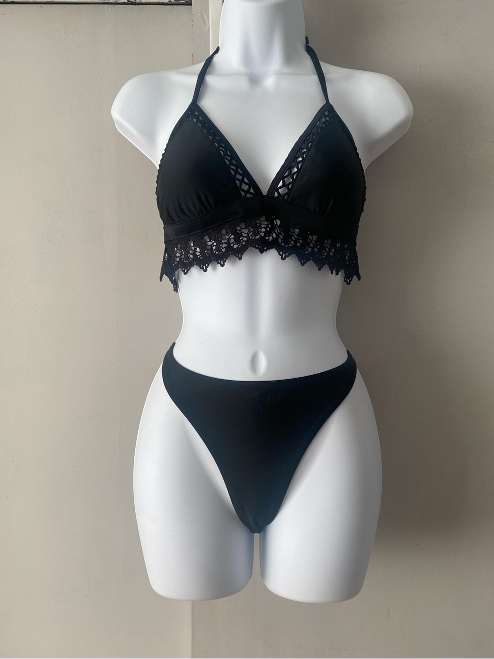 aerie Black Crochet Trim Bralette Bikini Set